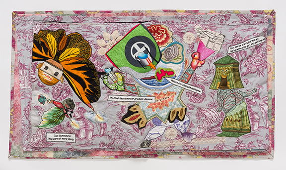 China Marks The Stolen Child, 2017 Book: Ten pages including three double-spreads, with an illustrated cover, a hidden title page, endpapers and flyleaf. Fabric, thread, lace, screen-printing ink, stamped metal, enameled brass, Jade glue, fake pearls, button, coated wire, fusible adhesive