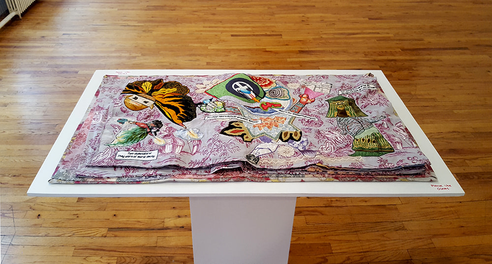 china marks fabric collage artist book on stand