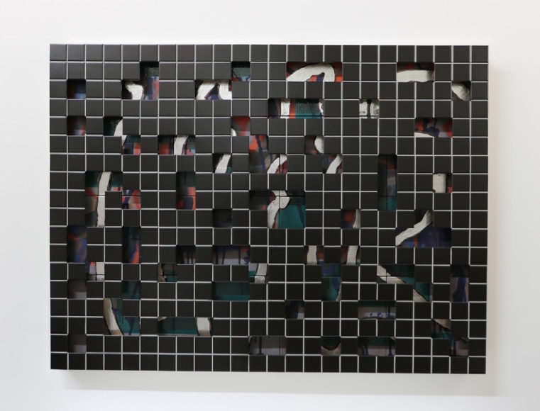 Jeff Schwarz Tile s/n 2017_5_9 Ceramic, steel and silverleaf 36 x 48 x 3 in. / 91.4 x 122 x 7.6 cm.