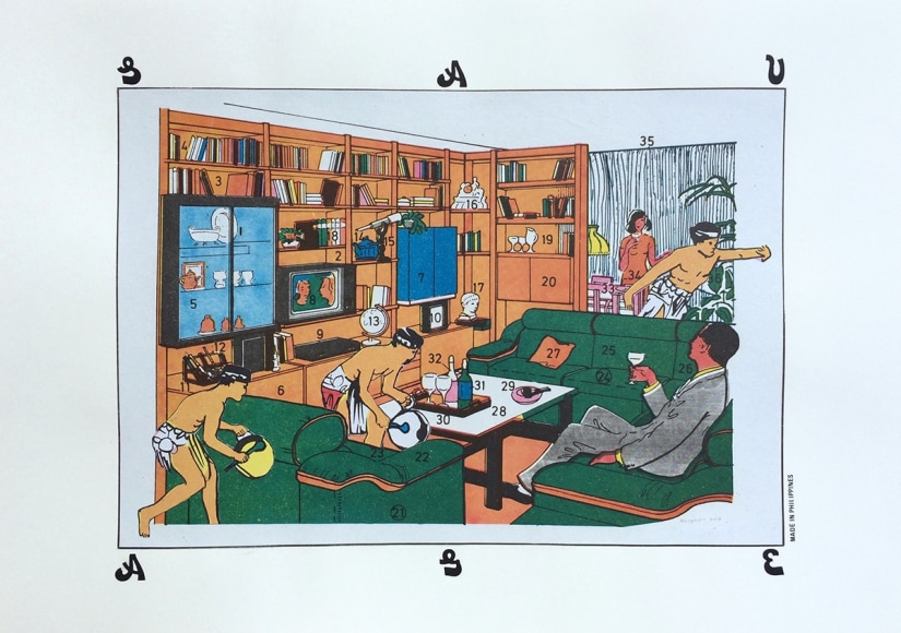 dina gadia Living Area- A Round of Cultural Affairs, 2017 Collage and dry transfer 11 5/8 x 16 1/2 in. / 29.7 x 42 cm.