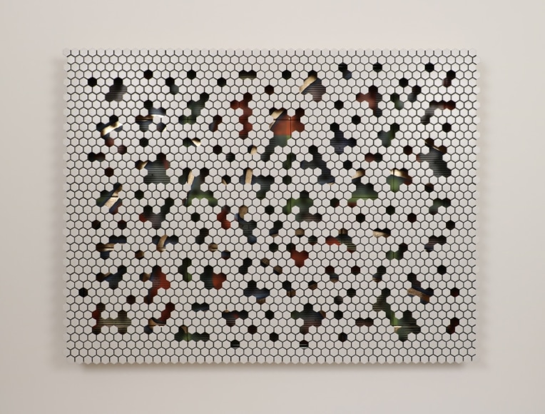 Jeff Schwarz Tile s/n 2017_10_20 Ceramic, steel and silver leaf 26 x 48 x 3 in. / 66 x 122 x 7.6 cm.
