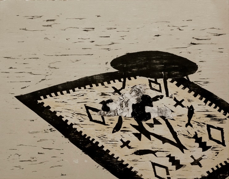 Elin R&oslash;dseth Residents 4, 2018 Collage of photopolymer and color woodcut with thread 11 3/4 x 14 7/8 in. / 29.8 x 37.8 cm. Edition of 20