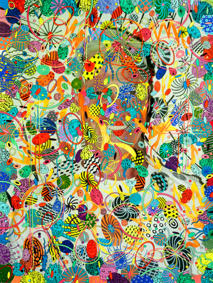 Dex Fernandez 310E44R822, 2015 Acrylic, ink and embroidery on digital photograph 25 x 18 7&frasl;8 in. / 63.5 x 48 cm.