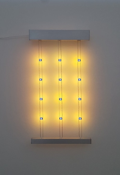Kenzan Tsutakawa-Chinn Residual Comparison (3), 2017 Custom LED chips, arduino, rope-laid wire and aluminim 23 x 12 x 1 in. / 58.4 x 30.5 x 2.5 cm.