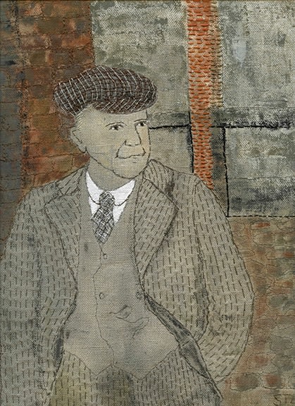 sue stone Study for The Boys Go To London Town, 2014 Mixed media, hand/machine stitch and acrylic paint 11 ⅞ x 10 ¼ in. / 30 x 26 cm.