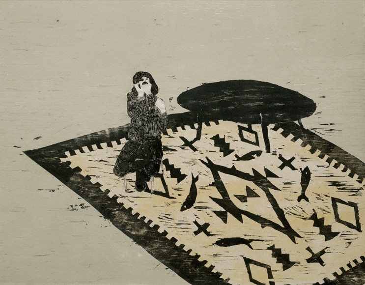 Elin R&oslash;dseth Residents 9, 2018 Collage of photopolymer and color woodcut with thread 11 3/4 x 14 7/8 in. / 29.8 x 37.8 cm. Edition of 20