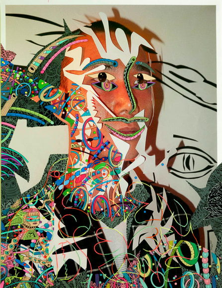 Dex Fernandez All of a Sudden I Miss Everyone, 2015 Acrylic, ink and embroidery on digital photograph 25 x 18 7&frasl;8 in. / 63.5 x 48 cm.