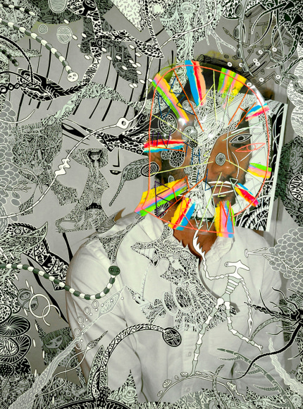 Dex Fernandez Death in the Boiler Room, 2015 Acrylic, ink, mylar collage and embroidery on digital photograph 24 1&frasl;2 x 18 1&frasl;2 in. / 62.3 x 46.8 cm.