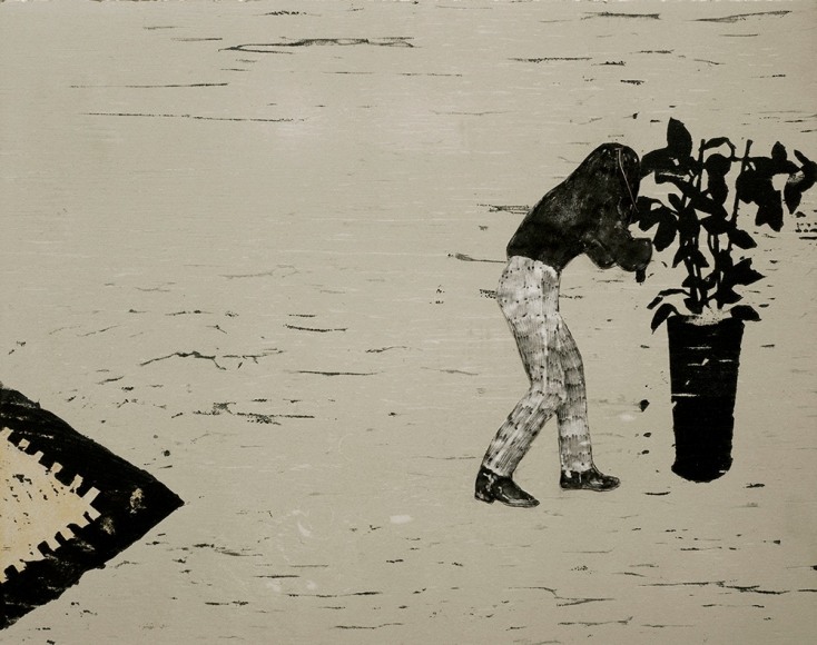 Elin R&oslash;dseth Residents 2, 2018 Collage of photopolymer and color woodcut with thread 11 3/4 x 14 7/8 in. / 29.8 x 37.8 cm. Edition of 20