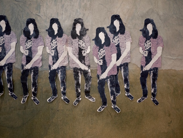 Elin R&oslash;dseth Flaneurs, 2018 Collage with photopolymer and color woodcut with thread