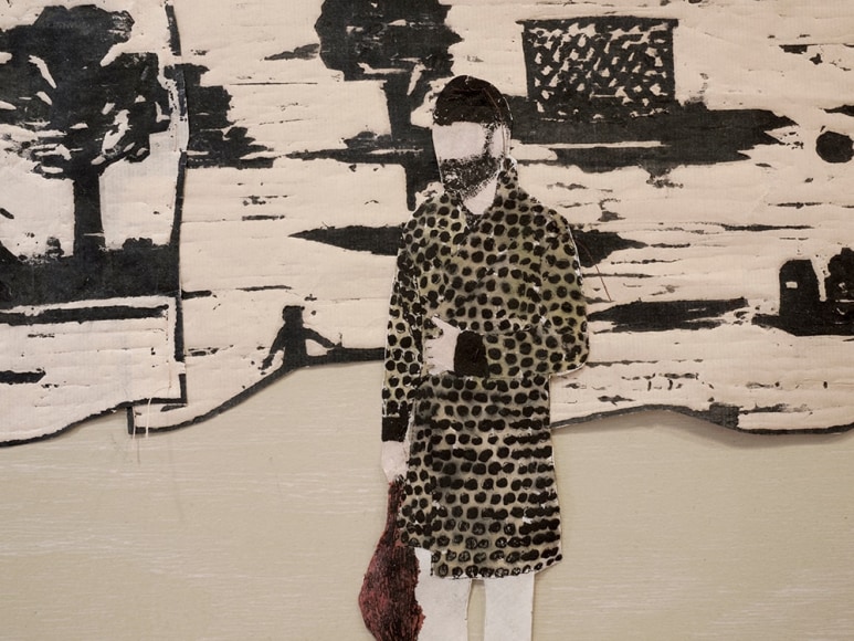 Elin R&oslash;dseth Claver, 2018 Collage of photopolymer and color woodcut with thread 18 x 28 in. / 46 x 73 cm. Edition of 10