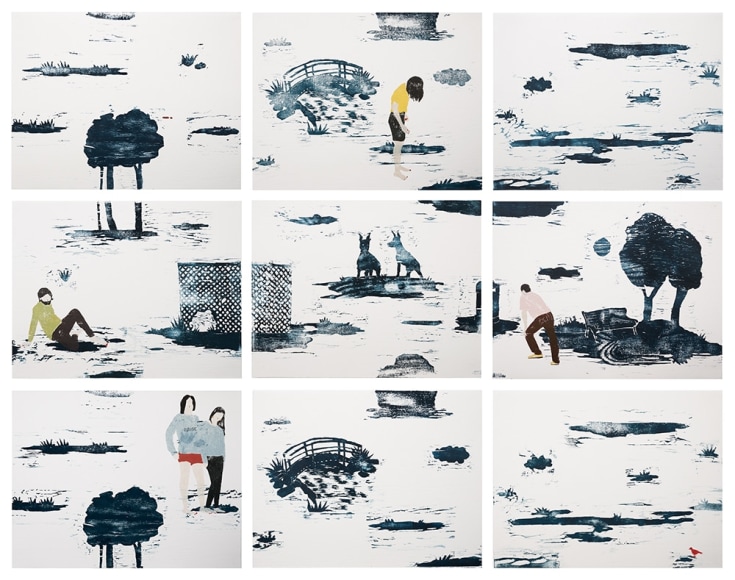 Elin R&oslash;dseth Wayfarers, 2015 Suite of nice color woodcuts with hand-pressed monotype additons 11 7/8 x 15 in. / 30 x 38.2 cm. each Edition of 5