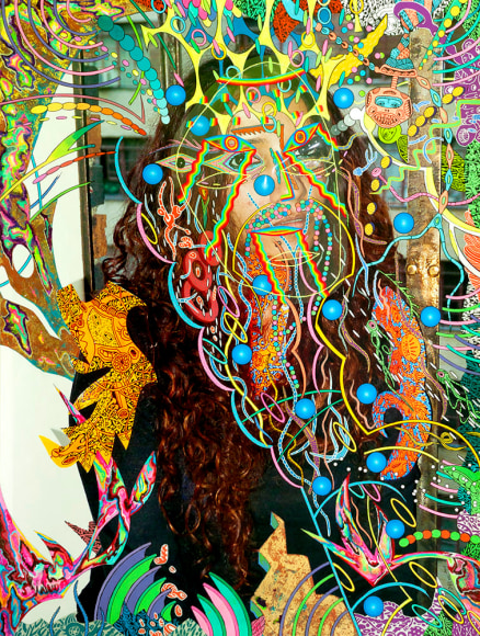 Dex Fernandez Don&rsquo;t Be Scared, 2015 Acrylic, ink, gold leaf, mylar collage and embroidery on digital photograph 25 x 18 7&frasl;8 in. / 63.5 x 48 cm.