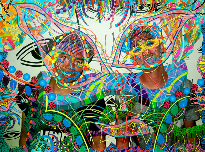 Dex Fernandez Mr. Cornflake, 2015 Acrylic, ink, gold leaf and embroidery on digital photograph 18 1&frasl;2 x 24 1&frasl;2 in. / 46.8 x 62.3 cm.