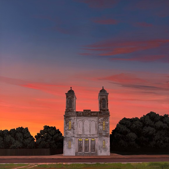 Painting of Marigny Opera House with vibrant pink sunset