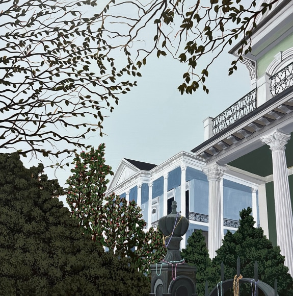 Painting of blue and green house with Mardi Gras beads and blue skies in the Garden District, New Orleans
