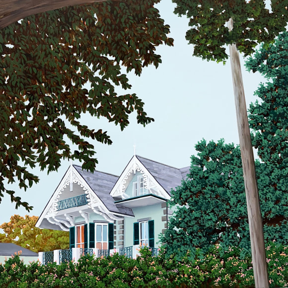 Painting of blue houses in the Garden District, New Orleans