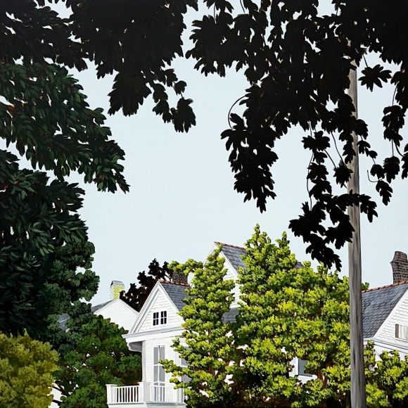 Painting of white houses with oak trees and blue skies in the Garden District, New Orleans