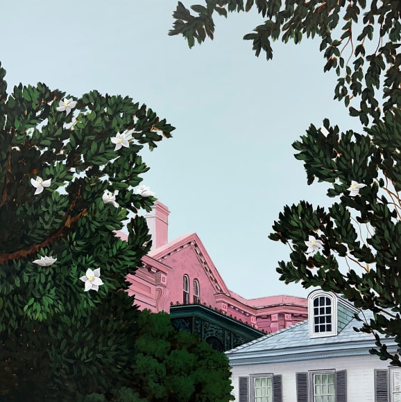 Painting of pink and blue house with magnolia trees and blue skies in the Garden District, New Orleans