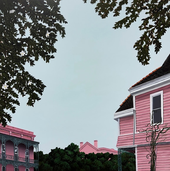Painting of pink houses with light blue skies in the Garden District, New Orleans