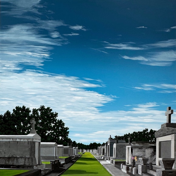Painting of the cemetery in Metairie, Louisiana with blue skies