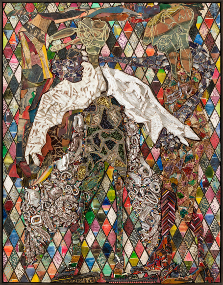 Oh England, My Lionheart, 2019, various kinds of treated wood, plaster, fired and glazed ceramic, colored glass, gold leaf, cardboard, paper, staples, glass rods, acrylic, canvas, stain, printing ink, porcelain, terra puzzolane, copper woodblock prints, on board 