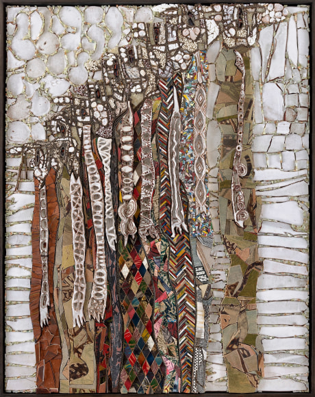 One Flew over the Cuckoo's Nest, 2019, reconditioned copper etching plates, various kinds of treated wood, natural stones, fired and glazed ceramics, porcelain, gold leaf, woodprint on copper, printing ink, cardboard, white gesso, various prints on paper, linen, natural stones, plaster, terra puzzolane, oxides, copper leaf, on board 