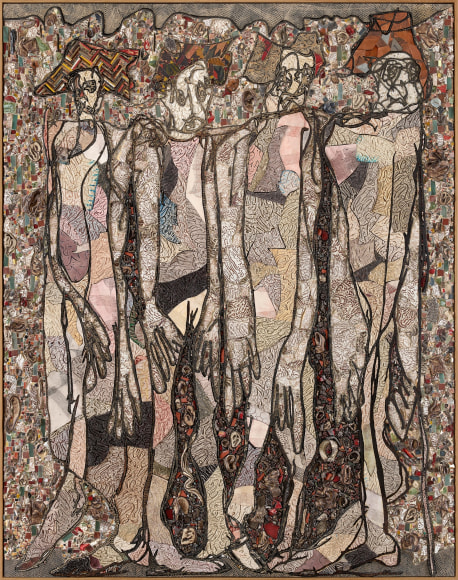 Lost in La Mancha III, 2019, plaster, various kinds of treated wood, fired and glazed ceramic, reconditioned copper and steel etching plates, copper leaf, wood stain, natural stones, colored glass, shellack, printing ink, oxides, porcelain earth, on board 