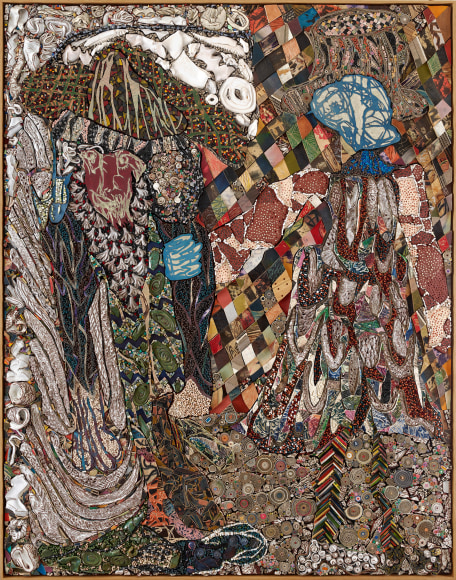 And Ever I Shall be the Same to You, as You Will be the Same to Me, 2019, fired and glazed ceramics, various kinds of treated wood, various kinds of fabric, cardboard, paper, linen, color pencils, plaster, stain, gold and silver leaf, reconditoned copper etching plates, printing ink, porcelain, natural stones, copper leaf, schellack, paintbrushes, glass rods, colored glass, on board 