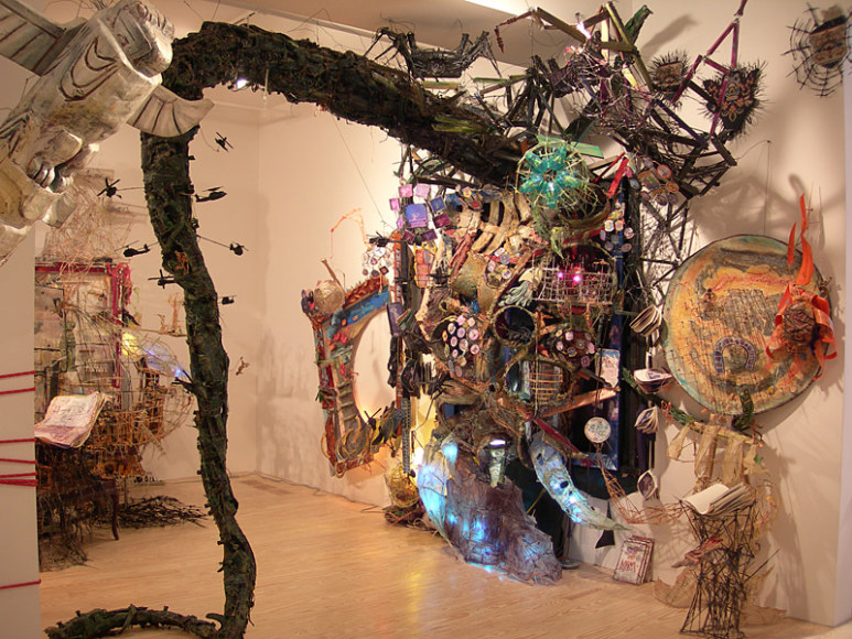 Seeing Faces, 2006, Wood, polystyrene, shish kebab skewers, paper, popsicle sticks, lights, ink, acrylic paint, collage audio, electronics, fabric, glass, foam core, carpet, foam, liquid nails, hot glue, hardware, plastic, wire...