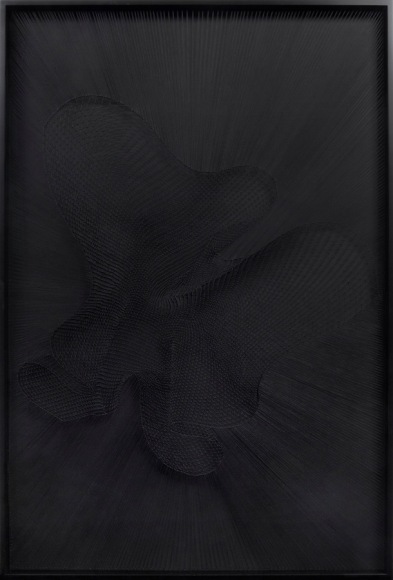Gravity Environment (animations still #8), 2015, wet-spun black linen thread and pins on panel 