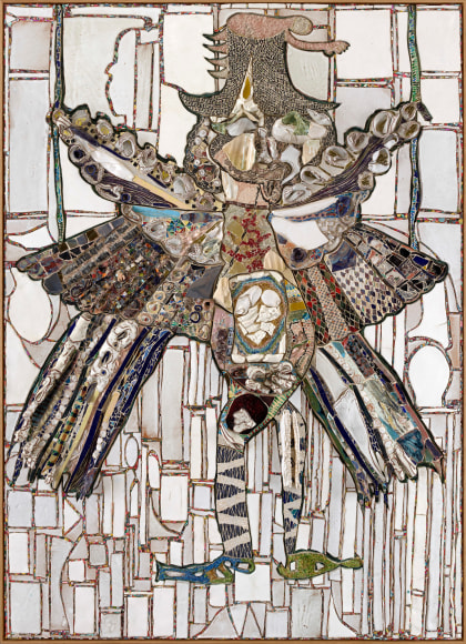 Distant Sky, 2019, wood, fired and glazed ceramic, gold leaf, wood shavings, wood stain, various kinds of treated paper, natural stones, glass rods, colored glass, terra puzzolane, on board 