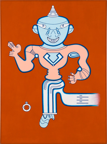 Mr. Whatzit on the Road to Burmashave, 1985, Acrylic on canvas with painted wood frame 