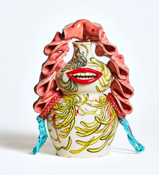 Nine, 2021 earthenware, underglaze, glaze, synthetic hair