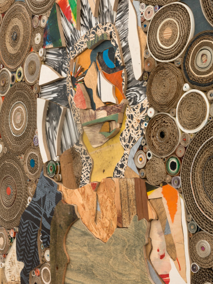 Penthesilea, the Amazonian Queen, 2016, treated wood, cardboard, card, paper, linen, cotton duck canvas, glass, smalti, colour pencils, wood stain, on plywood panel, artist oak frame
