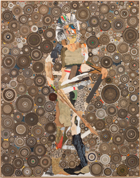 Penthesilea, the Amazonian Queen, 2016, treated wood, cardboard, card, paper, linen, cotton duck canvas, glass, smalti, colour pencils, wood stain, on plywood panel, artist oak frame