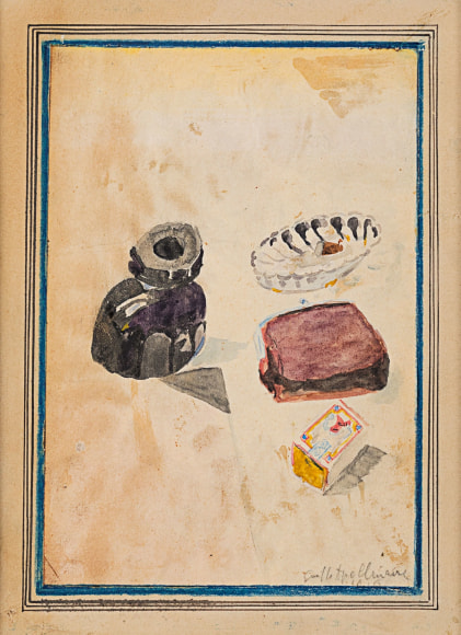 Guillaume&nbsp;Apollinaire Sans titre (nature morte &agrave; l&rsquo;encrier, paquet de tabac, cendrier et bo&icirc;te d&rsquo;allumettes), 1916