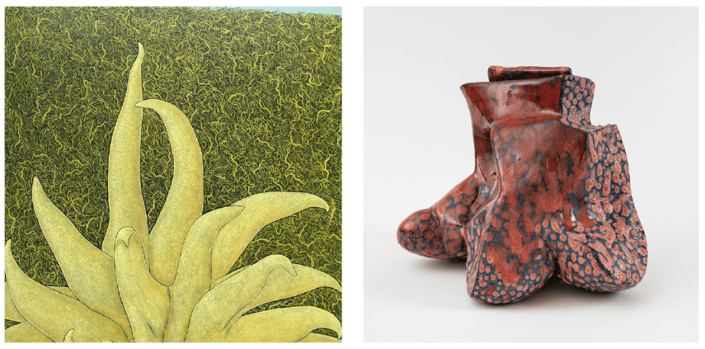 Lynda Dann, 'Dune', 2023. Elisa D'Arrigo, 'Red Glyph', 2022.