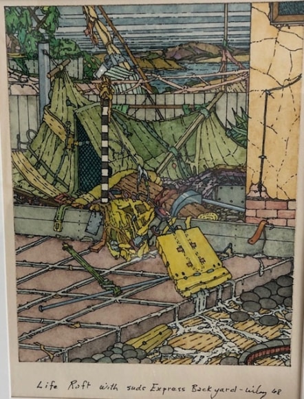 William T. Wiley, Liferaft with Suds Express Backyard, 1968