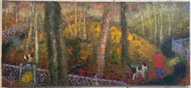 fenced in backyard with  two dogs and figure in the backyard