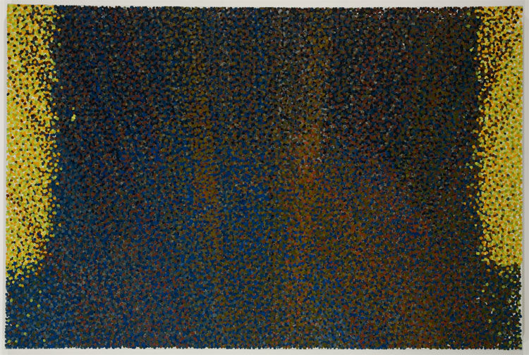 Abstract painting of dark dots forming a column in the center and yellow dots on the edges