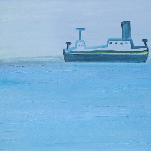 Blue ocean, blue sky, blue, green, and white freight boat