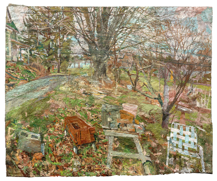 A painted scene of a backyard, a chair and wagon are viable in the forefront. Behind that one can see a driveway, large tree and a small section of a green house. The edges of this painting are rough and textured.