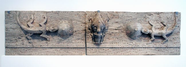 LINTEL FRAGMENT FOR GRANARY OR DWELLING, BATAK PEOPLE, TOBA TRIBE, N. SUMATRA,, INDONESIA.&nbsp; (TWO PARTS),