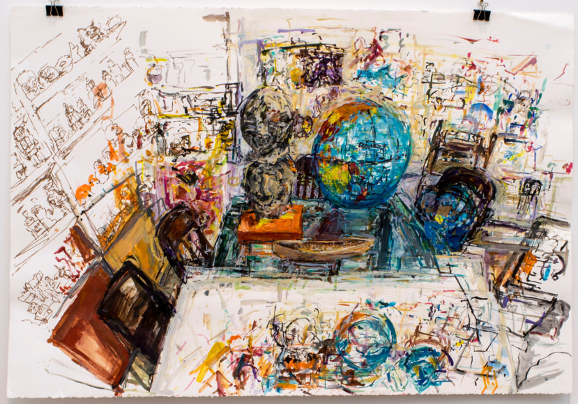 Painting of room with globes, tables, chairs, and shelves