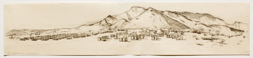 PRESIDIO-BEEHIVES NEAR A CANYON, ON CAMINO DEL RIO, 2004, Graphite on grey cream paper with blue threads