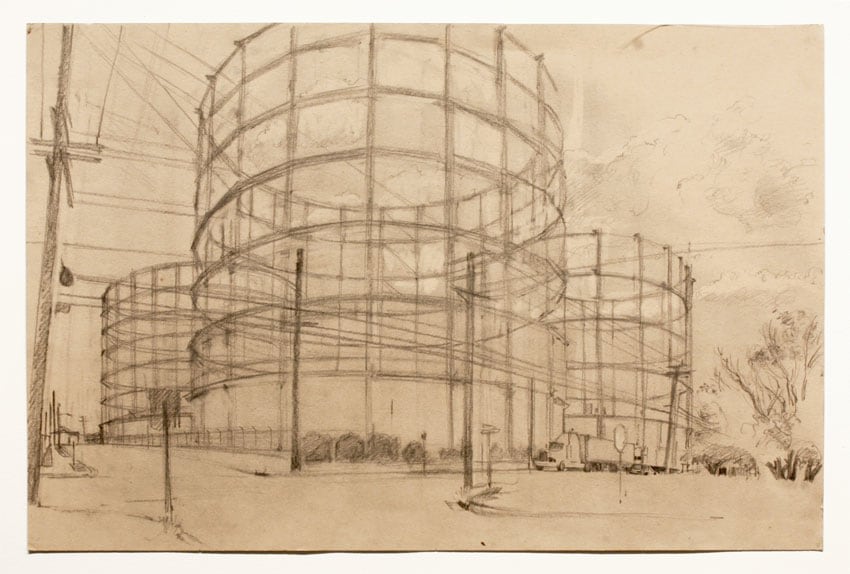 OBSOLETE GAS TANKS, BAYWAY, NJ, 1996, Graphite on grey/brown paper