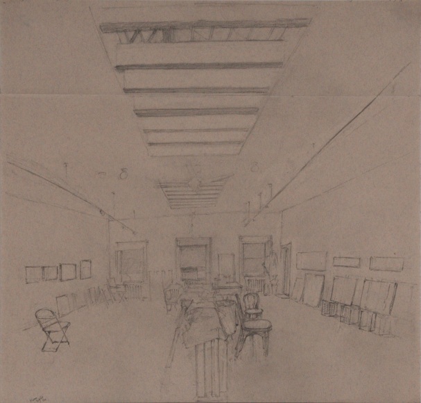 interior loftscape in Soho with artist's painting depicted in the room