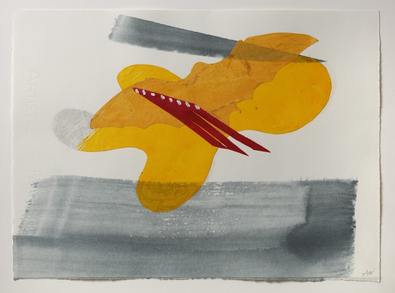 paper with yellow bat image in the middle and grey swish of paint at the bottom