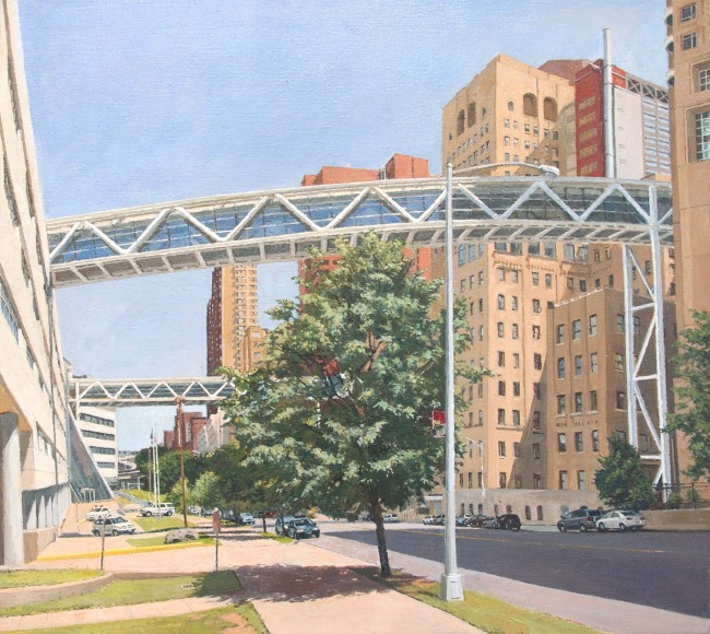 Sidewalks, street and pedestrian bridges crossing Riverside Drive in NYC